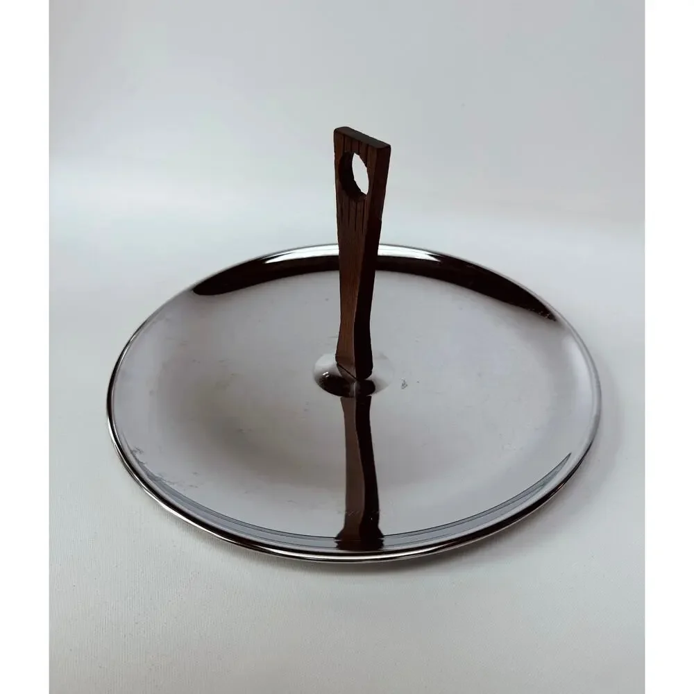 Vintage Mid Century Modern Chrome Serving Tray with Rotating Wood Handle